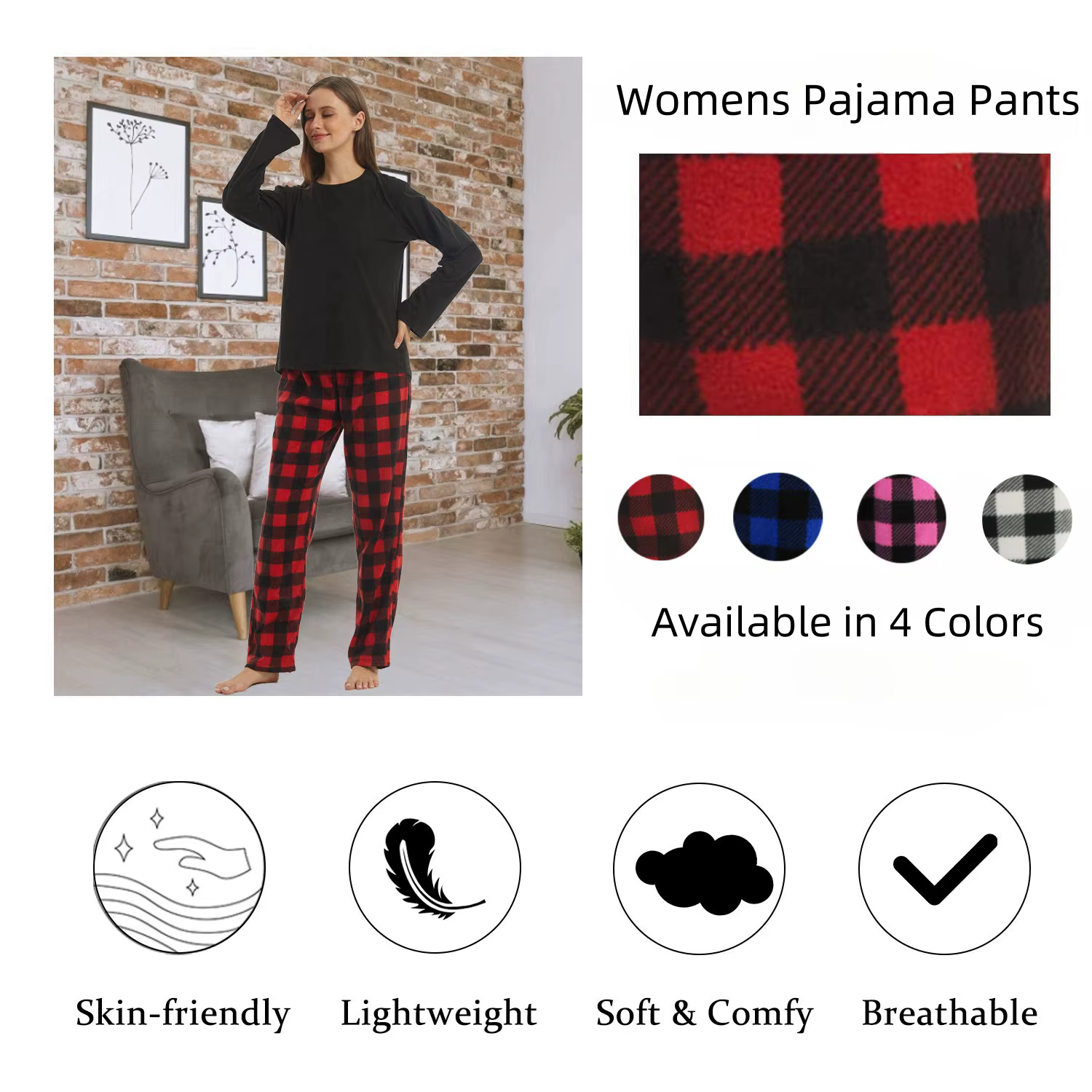 Pantalon de Pyjama Femme Polaire Pelucheux à Carreaux